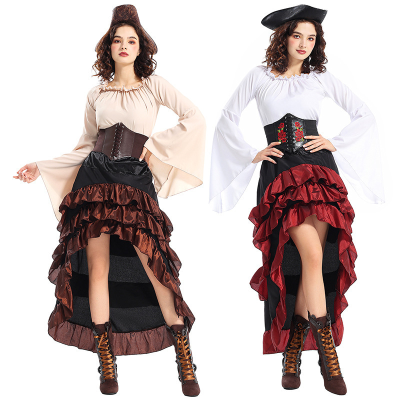 Halloween kostim: Srednjevjekovna piratska kraljica s korsetom i dugačka suknja s motivom lotosovog lista za morski cosplay