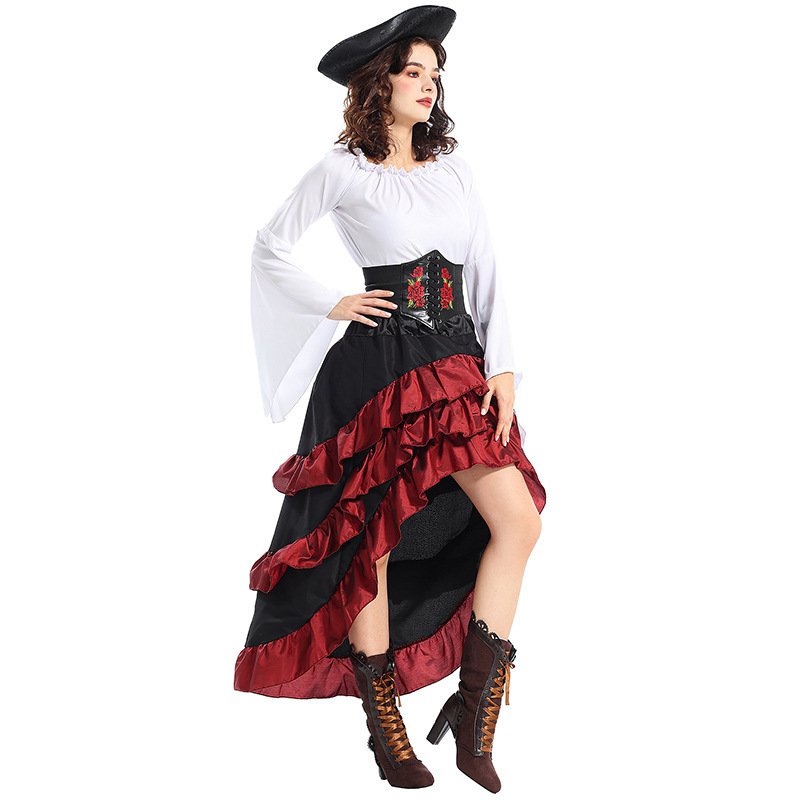Halloween kostim: Srednjevjekovna piratska kraljica s korsetom i dugačka suknja s motivom lotosovog lista za morski cosplay