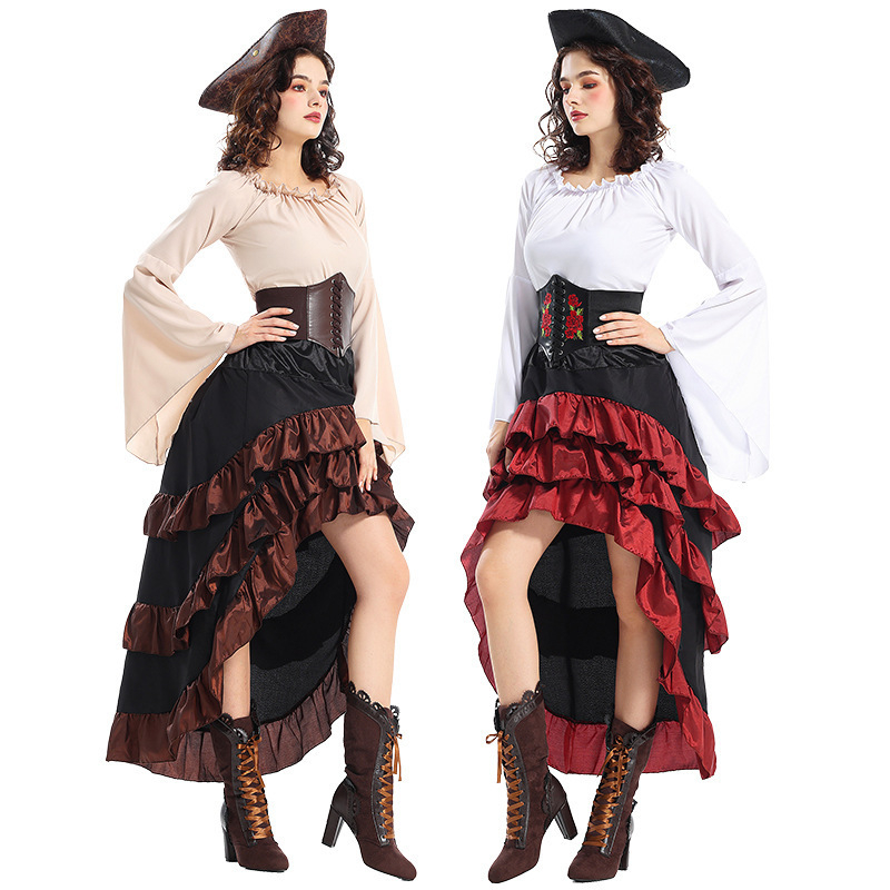 Halloween kostim: Srednjevjekovna piratska kraljica s korsetom i dugačka suknja s motivom lotosovog lista za morski cosplay