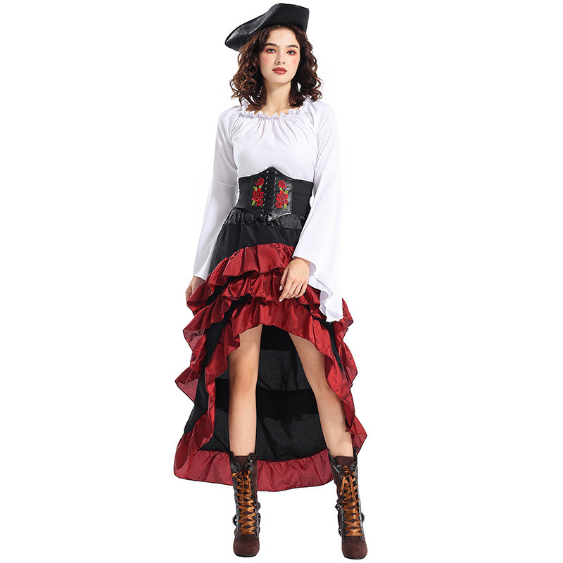 Halloween kostim: Srednjevjekovna piratska kraljica s korsetom i dugačka suknja s motivom lotosovog lista za morski cosplay