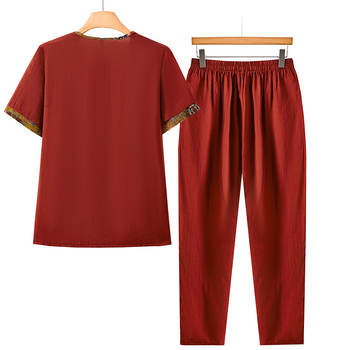 Ljetni dvodijelni komplet za žene srednje dobi, retro etno top s kratkim rukavima i crop hlače