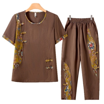 Ljetni dvodijelni komplet za žene srednje dobi, retro etno top s kratkim rukavima i crop hlače