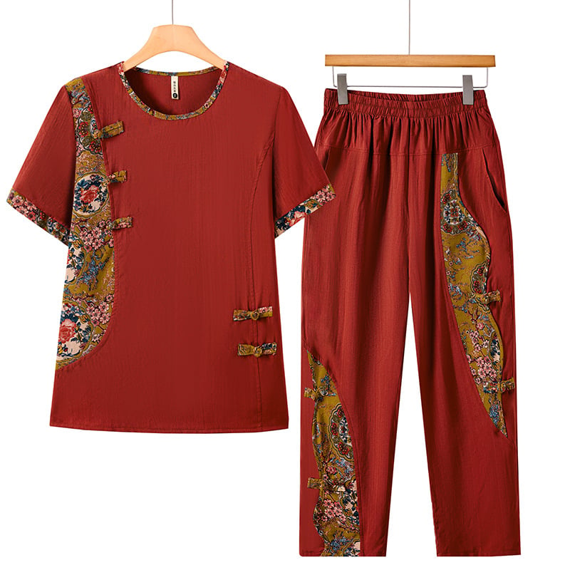 Ljetni dvodijelni komplet za žene srednje dobi, retro etno top s kratkim rukavima i crop hlače