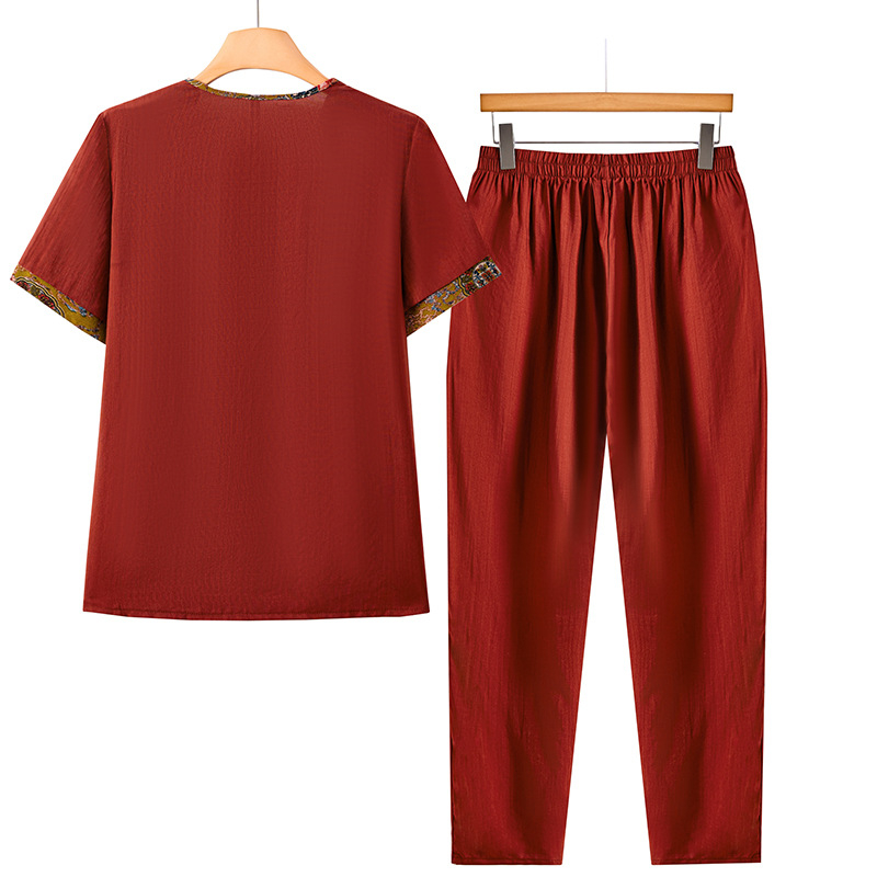 Ljetni dvodijelni komplet za žene srednje dobi, retro etno top s kratkim rukavima i crop hlače