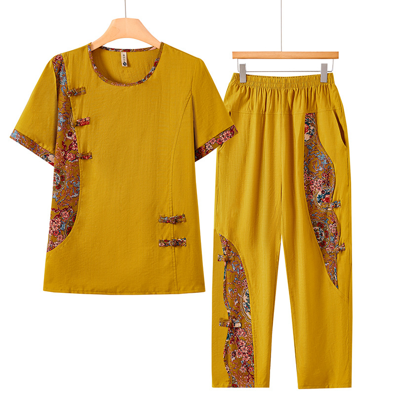 Ljetni dvodijelni komplet za žene srednje dobi, retro etno top s kratkim rukavima i crop hlače