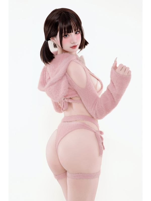 Ružičasti cosplay kostim od norkine krzna s rukavicama i čarapama