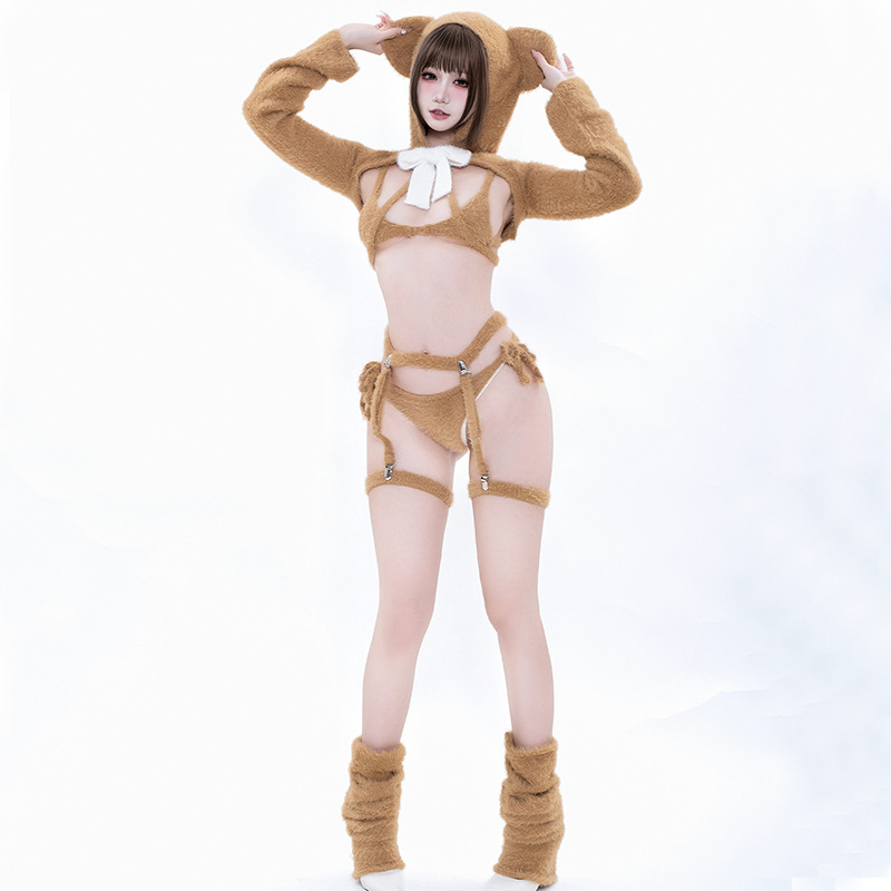 Ružičasti cosplay kostim od norkine krzna s rukavicama i čarapama