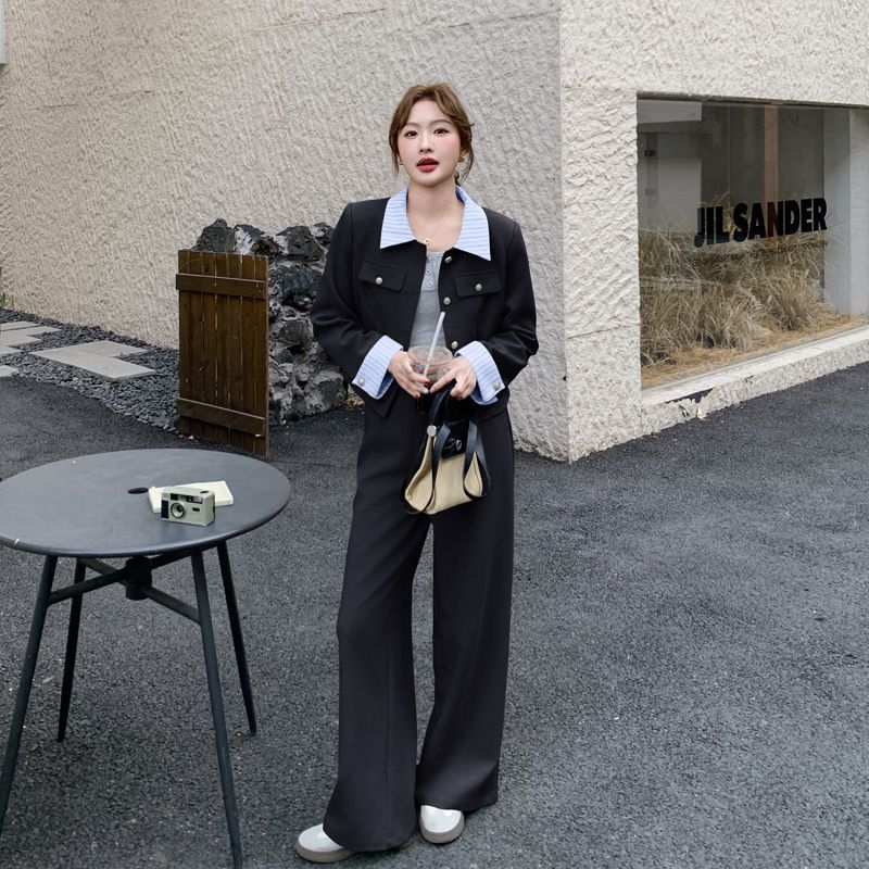 Ženski dvodijelni kostim: sako s patchworkom i široke ravne hlače