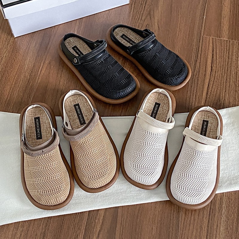 Ženske ljetne lanene sandale, dvostruko nošenje, mekani PU potplat, zatvoren vrh, prozračna mrežasta gornja stranica, slip-on