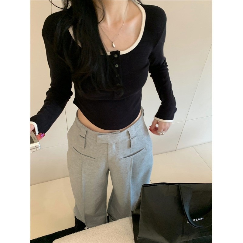 Ženski cropped top s dugim rukavima, američki vintage stil, uski kroj, modalna tkanina