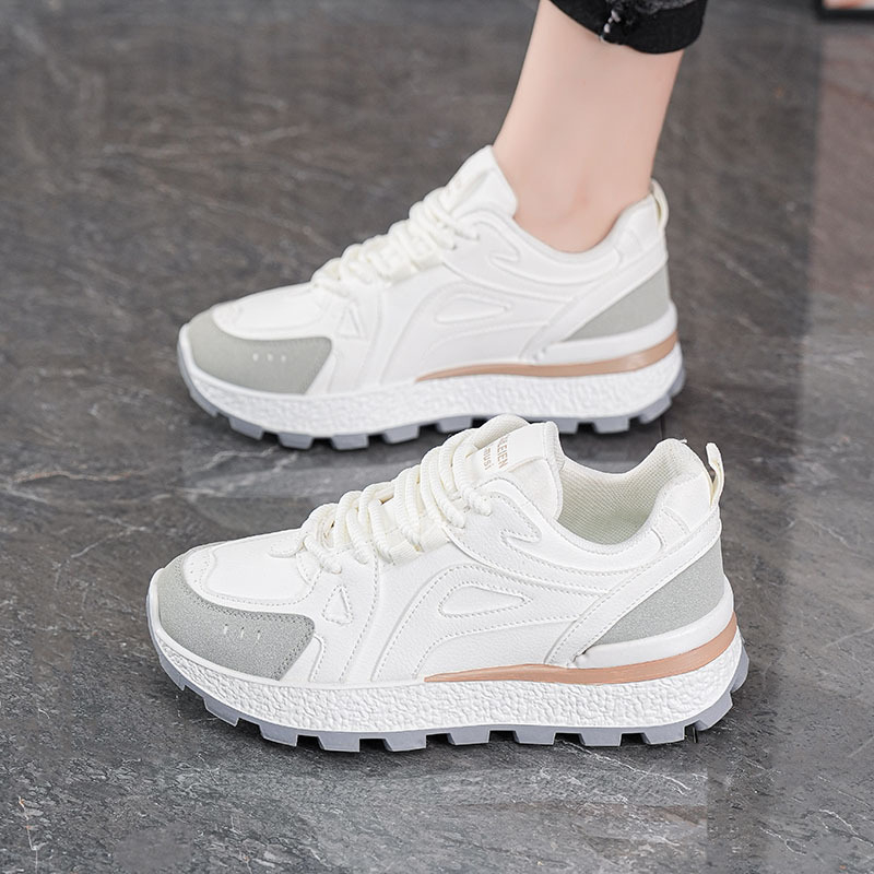 Ženske tenisice u korejskom stilu, dad sneakers, bijele, s debelom potplatom za povećanje visine, svakodnevne sportske, prednje vezivanje šnornom, prozračna mrežasta podstava, protuklizna potplat