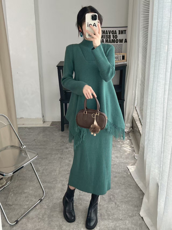 Ženski pleteni set s resama – pulover i haljina, korejski stil, elegantan i svestran za zimu 2024.