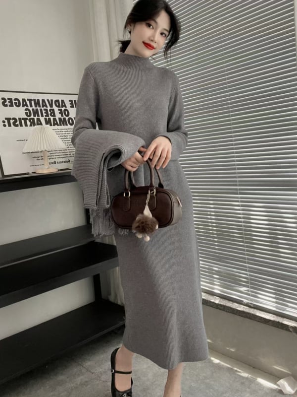 Ženski pleteni set s resama – pulover i haljina, korejski stil, elegantan i svestran za zimu 2024.