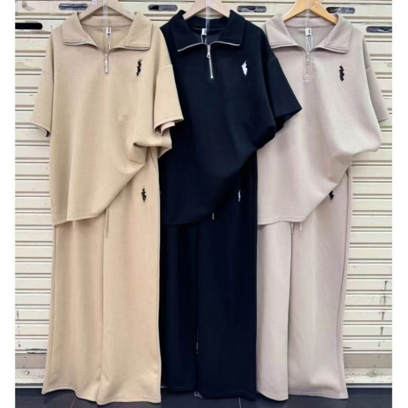 Ženski dvodijelni set s izvezenim ponija, polo top s kratkim rukavima, opuštene široke hlače, ljetni stil jugoistočne Azije