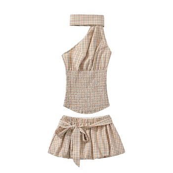 25035-25 Proljetni set u europskom i američkom stilu: žuti karirani halter-top s trakama i suknja s trakama