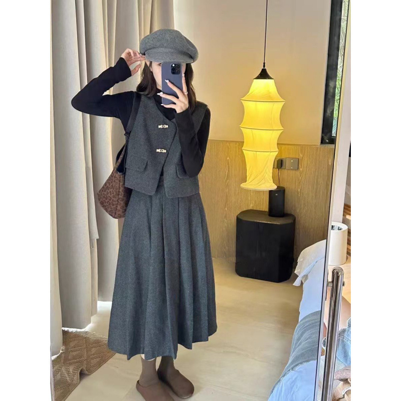 Jesen-zimski korejski stil: elegantan trodijelni komplet s vestom i suknjom