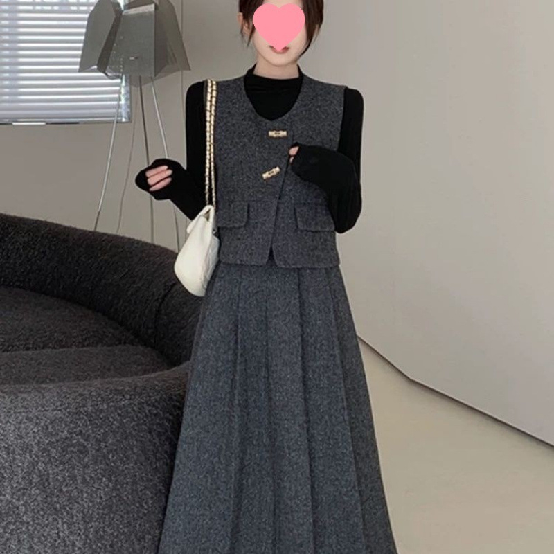 Jesen-zimski korejski stil: elegantan trodijelni komplet s vestom i suknjom