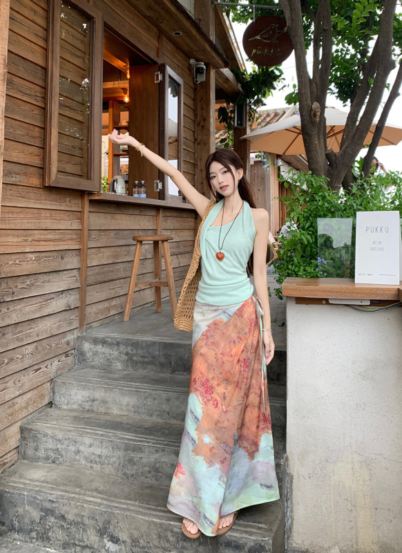 Mint Mambo ljetni halter gornji dio s naramenicama + retro tie-dye suknja visokog struka za žene