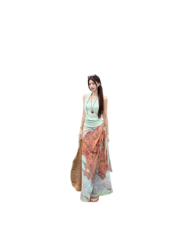 Mint Mambo ljetni halter gornji dio s naramenicama + retro tie-dye suknja visokog struka za žene