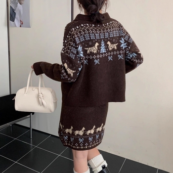 Vintage pleteni set s motivom Fair Isle za žene – jesen-zima, dvodijelni set: kardigan-top i suknja