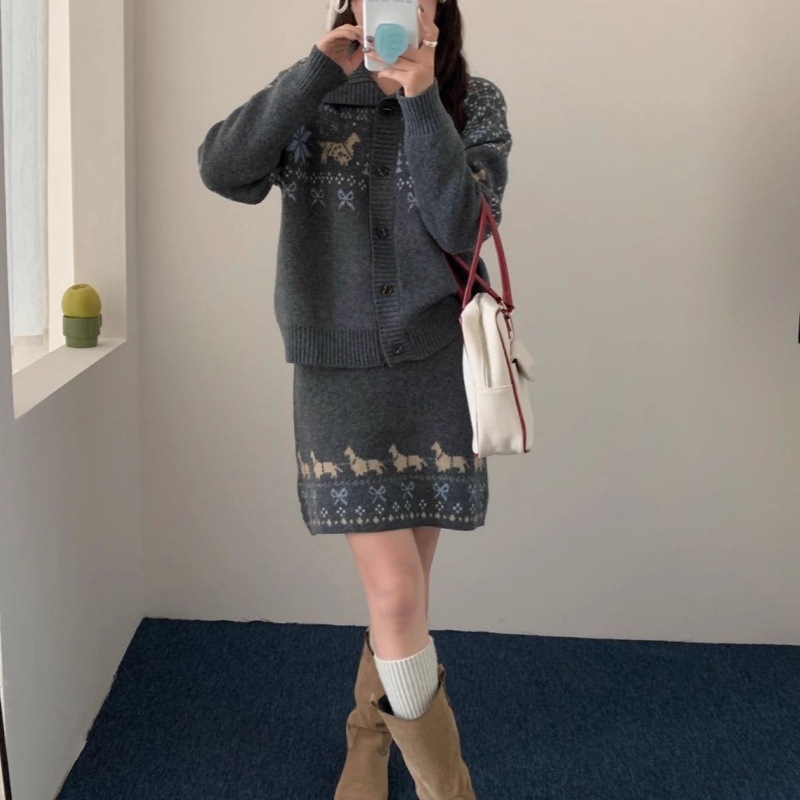 Vintage pleteni set s motivom Fair Isle za žene – jesen-zima, dvodijelni set: kardigan-top i suknja