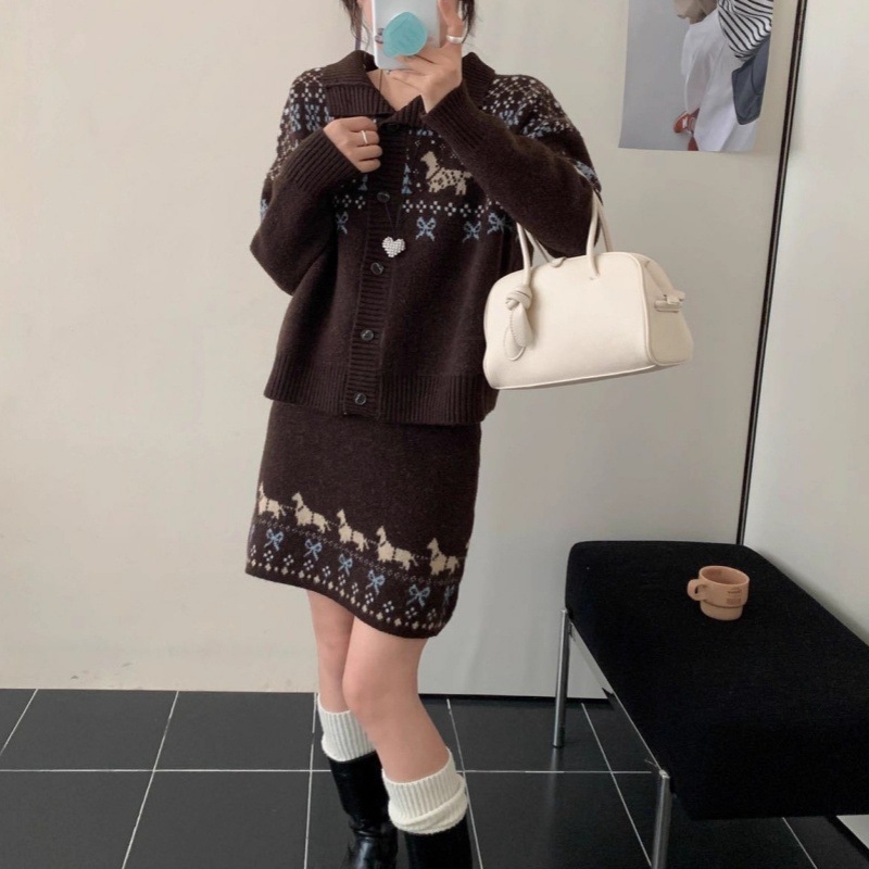 Vintage pleteni set s motivom Fair Isle za žene – jesen-zima, dvodijelni set: kardigan-top i suknja