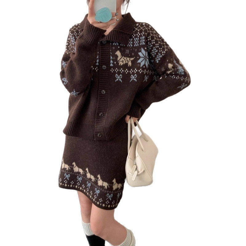 Vintage pleteni set s motivom Fair Isle za žene – jesen-zima, dvodijelni set: kardigan-top i suknja