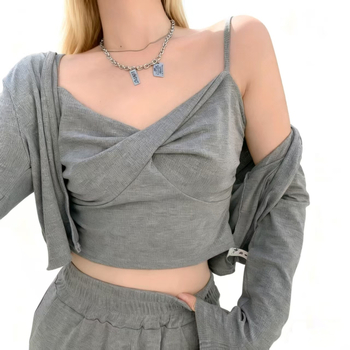 Ženski jesenski dvodijelni set: kardigan s V-izrezom i camisole, usklađen kroj, kratki top
