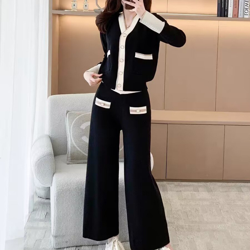 Ženski dvodijelni set: opušteni pleteni kardigan i široke hlače, Chanel inspiriran stil, jesen-zima 2024