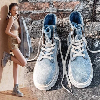 Denim Martin čizme, kratke gležnjače s retro kauboјskim stilom, prednje vezivanje, ravna peta, proljeće–jesen