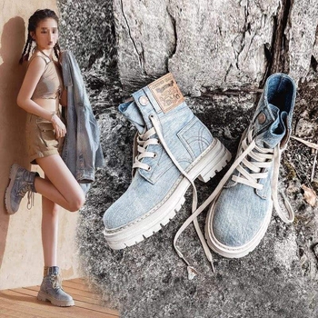 Denim Martin čizme, kratke gležnjače s retro kauboјskim stilom, prednje vezivanje, ravna peta, proljeće–jesen