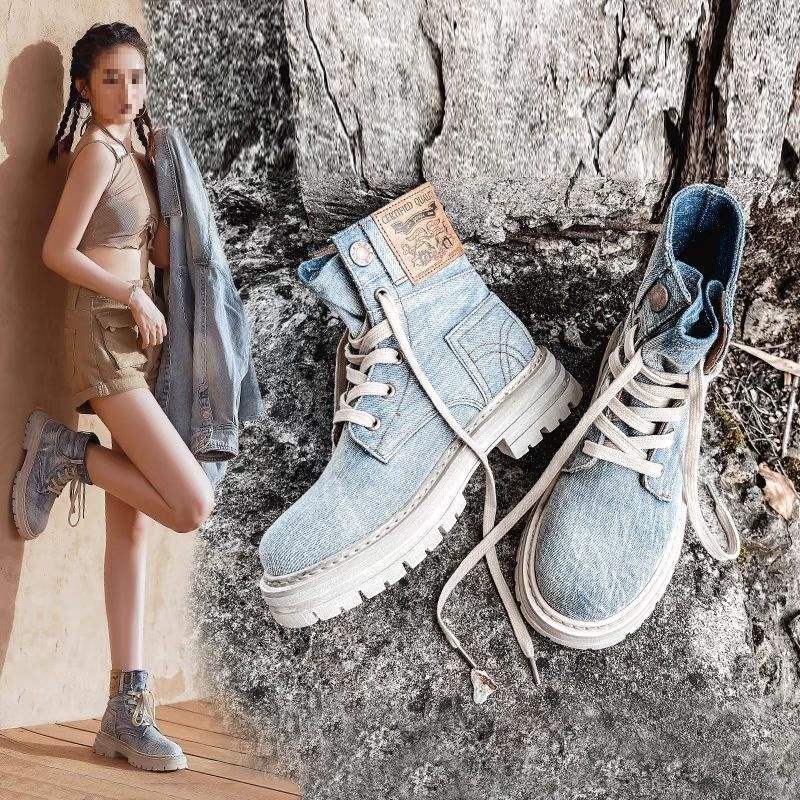 Denim Martin čizme, kratke gležnjače s retro kauboјskim stilom, prednje vezivanje, ravna peta, proljeće–jesen