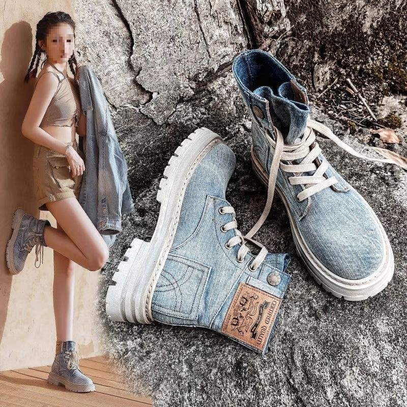 Denim Martin čizme, kratke gležnjače s retro kauboјskim stilom, prednje vezivanje, ravna peta, proljeće–jesen