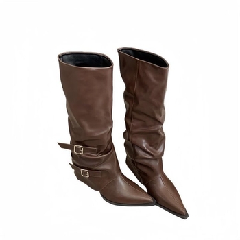 Ženske čizme iznad koljena s oštrim prstom, kopčom i plisiranim detaljima, debeli pet 6–8 cm, punk stil, model 2025