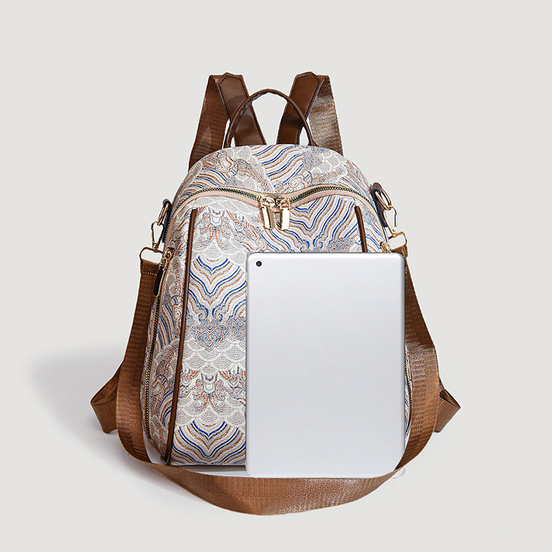 Ženski ruksak u novom kineskom stilu s izvezenim motivom oblaka, PU koža, lagani luksuzni putni ruksak s crossbody remenom