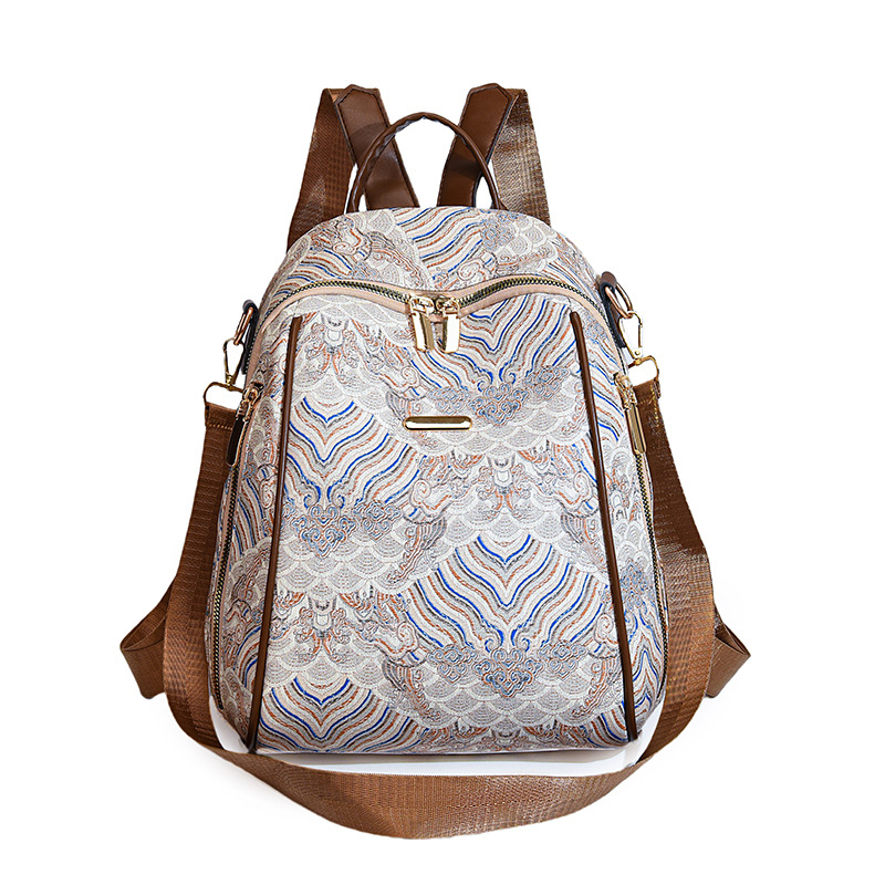 Ženski ruksak u novom kineskom stilu s izvezenim motivom oblaka, PU koža, lagani luksuzni putni ruksak s crossbody remenom