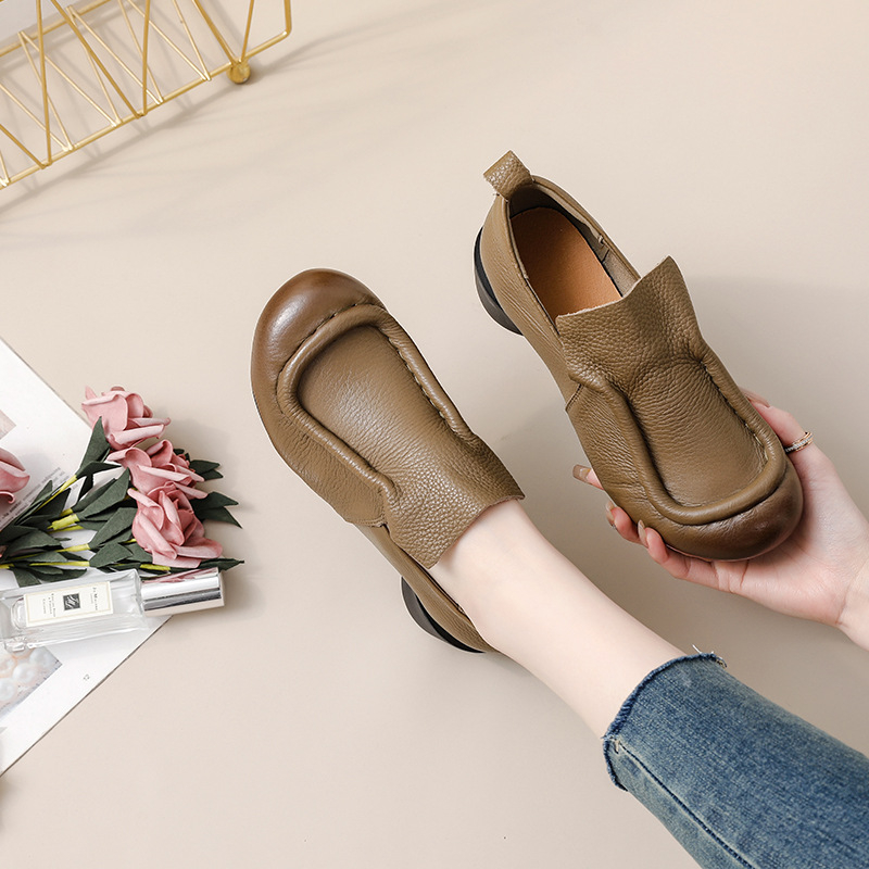 Ženske cipele od prave kože u retro Mori Girl stilu, proljeće-jesen, jednobojne, okrugli vrh, niska široka peta, slip-on, mekana podstava, udobne svakodnevne cipele za mamu
