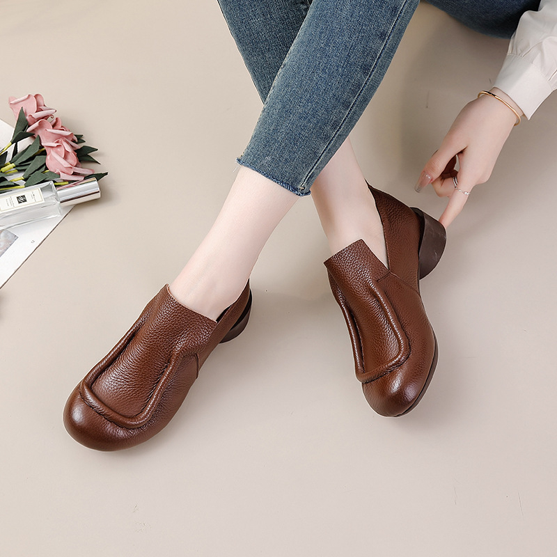 Ženske cipele od prave kože u retro Mori Girl stilu, proljeće-jesen, jednobojne, okrugli vrh, niska široka peta, slip-on, mekana podstava, udobne svakodnevne cipele za mamu