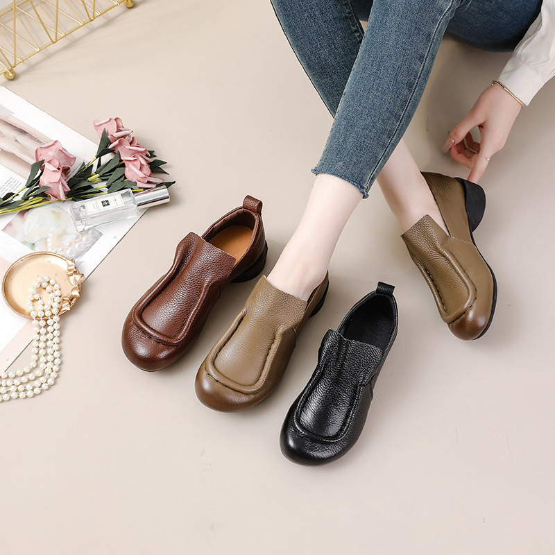 Ženske cipele od prave kože u retro Mori Girl stilu, proljeće-jesen, jednobojne, okrugli vrh, niska široka peta, slip-on, mekana podstava, udobne svakodnevne cipele za mamu