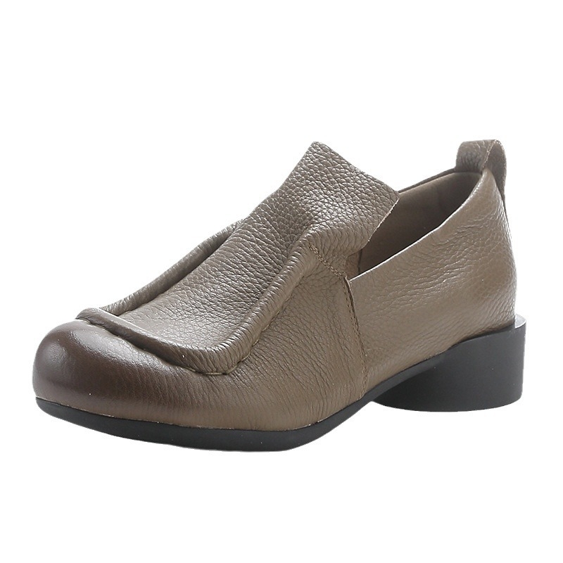 Ženske cipele od prave kože u retro Mori Girl stilu, proljeće-jesen, jednobojne, okrugli vrh, niska široka peta, slip-on, mekana podstava, udobne svakodnevne cipele za mamu