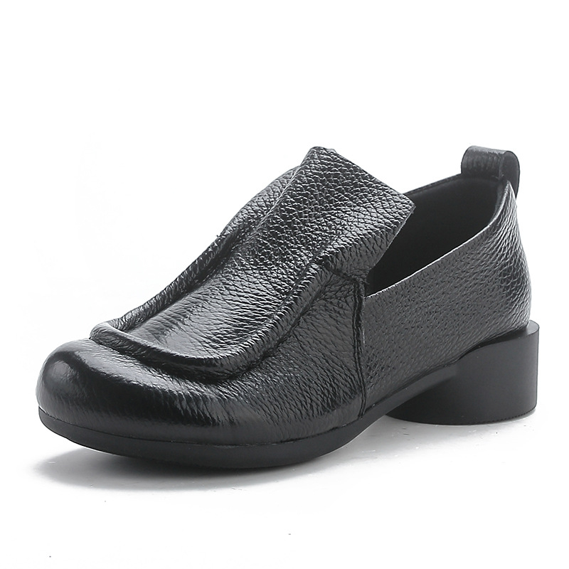 Ženske cipele od prave kože u retro Mori Girl stilu, proljeće-jesen, jednobojne, okrugli vrh, niska široka peta, slip-on, mekana podstava, udobne svakodnevne cipele za mamu