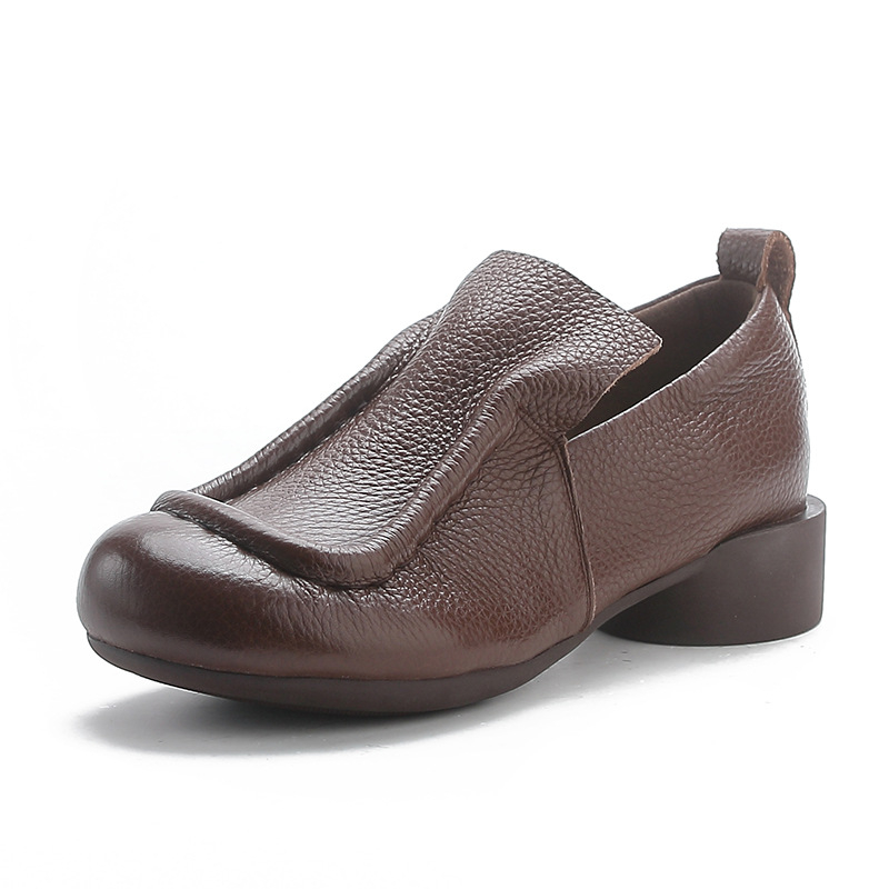 Ženske cipele od prave kože u retro Mori Girl stilu, proljeće-jesen, jednobojne, okrugli vrh, niska široka peta, slip-on, mekana podstava, udobne svakodnevne cipele za mamu