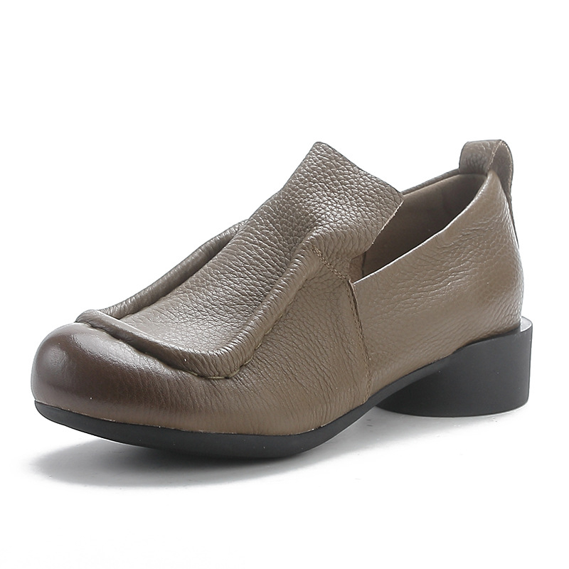 Ženske cipele od prave kože u retro Mori Girl stilu, proljeće-jesen, jednobojne, okrugli vrh, niska široka peta, slip-on, mekana podstava, udobne svakodnevne cipele za mamu