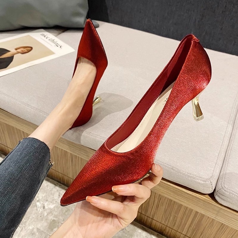 Crvene Mary Jane cipele za žene s oštrim nosom i uskim petom, PU gornji dio, gumeni đon, 3-6 cm