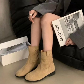 Ženske Martin čizme s debelim petom od velura, crne Chelsea čizme visokim shaftom, retro stil, 2025