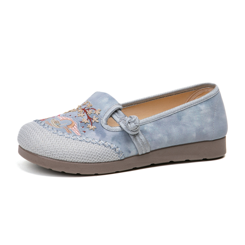 Ženske platnene cipele s etničkom vezom i cvjetnim uzorkom, lagane i prozračne, slip-on, okrugli vrh, niska peta (1–3 cm), mek podplat