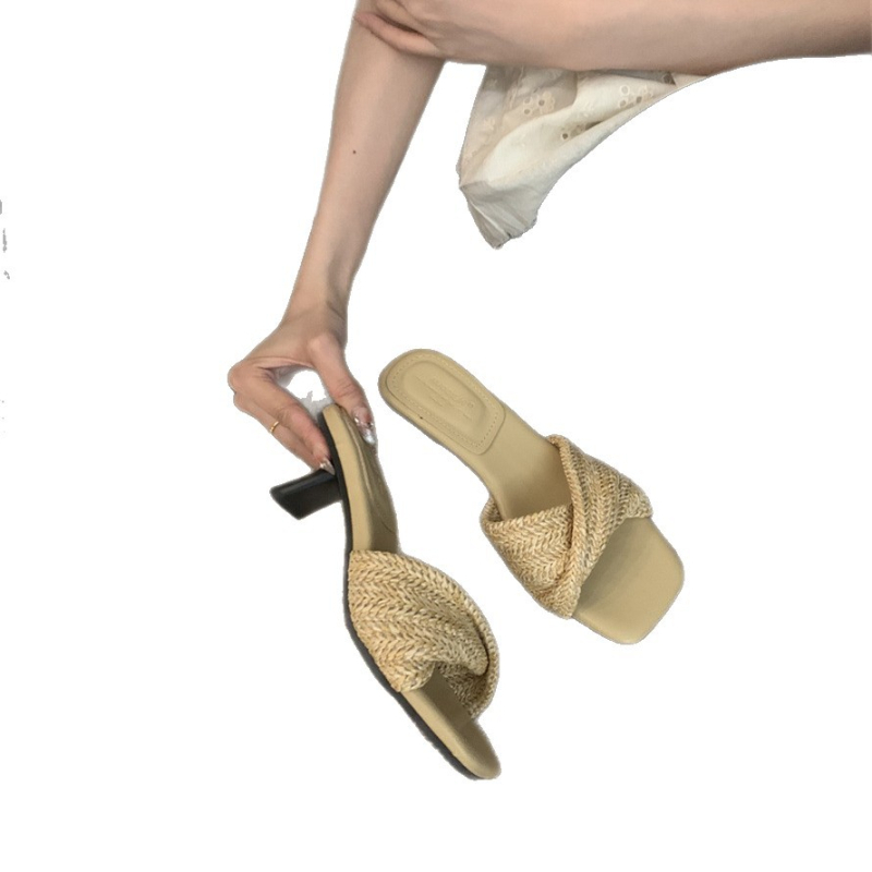 Ženske pletene sandale s kvadratnim vrhom i otvorenim prstom, jednim remenom, retro stil, visoke štikle