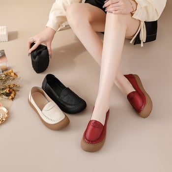 Első réteg marhabőrből készült női slip-on cipő, lélegző, csúszásmentes, kerek orr, lapos talp
