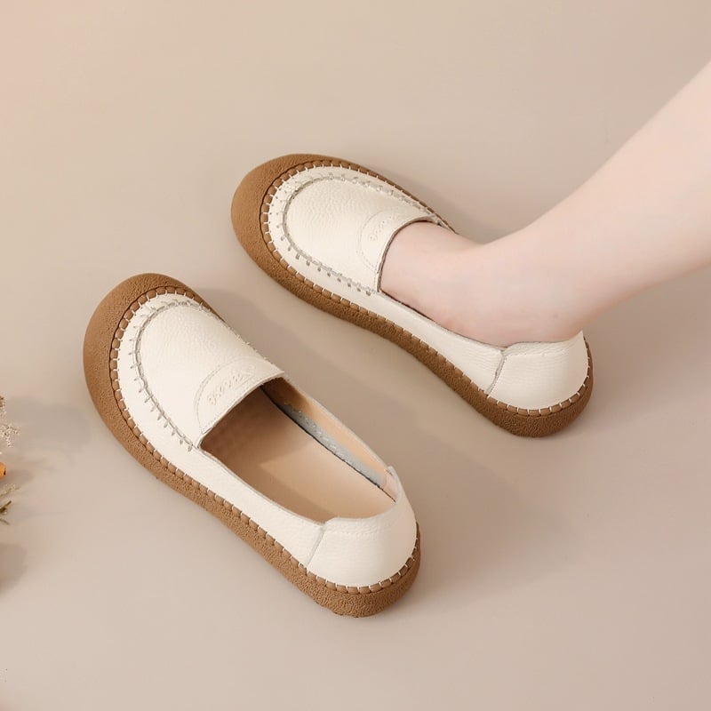 Első réteg marhabőrből készült női slip-on cipő, lélegző, csúszásmentes, kerek orr, lapos talp