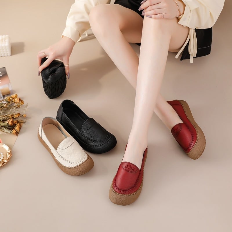 Első réteg marhabőrből készült női slip-on cipő, lélegző, csúszásmentes, kerek orr, lapos talp